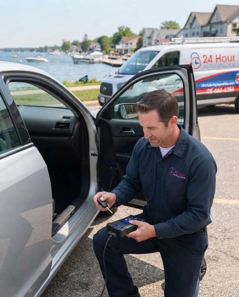 Locksmith programming a car key with diagnostic equipment